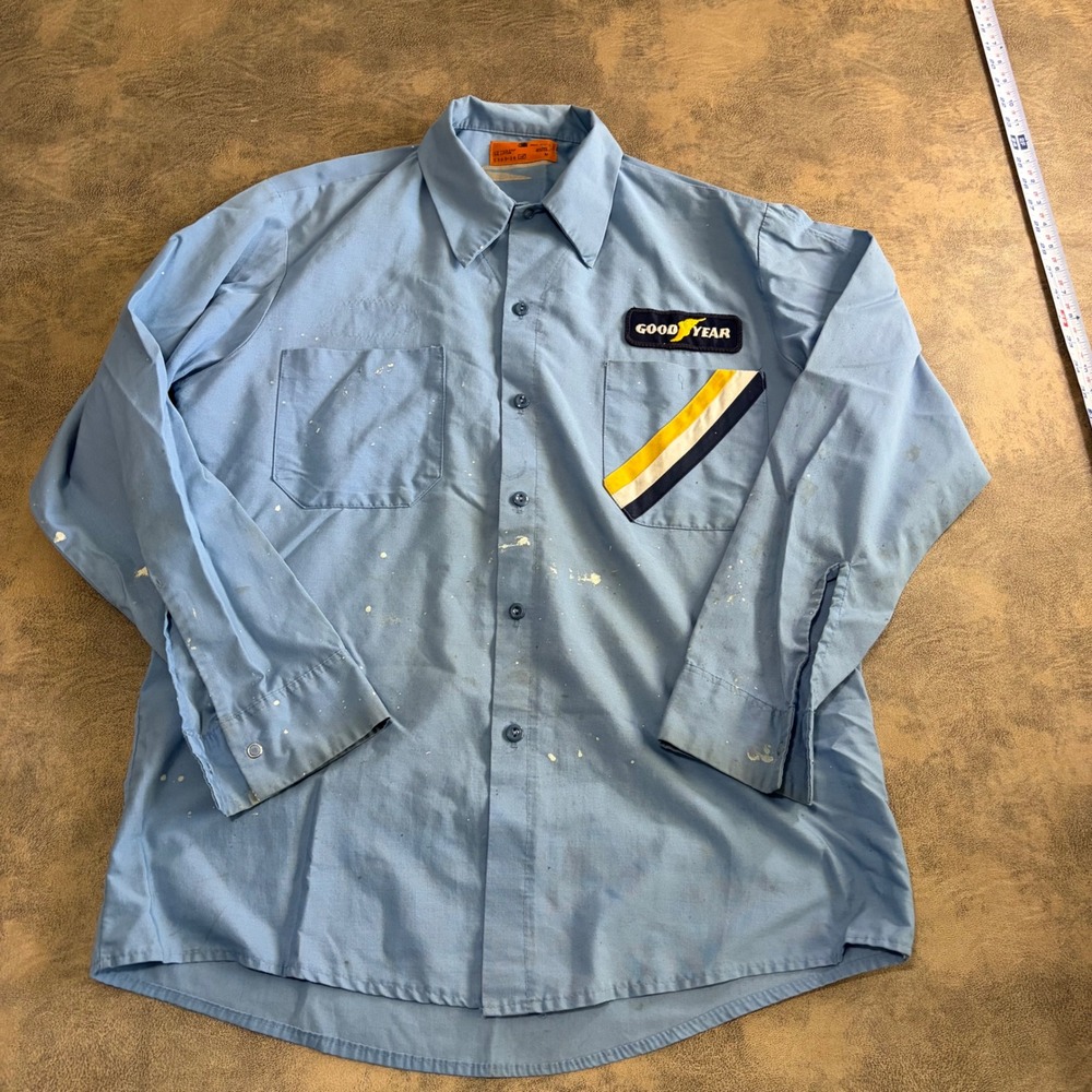 Goodyear Work Shirt Mens M Blue Vintage Mechanic Automotive USA‎ Paint Splatter
